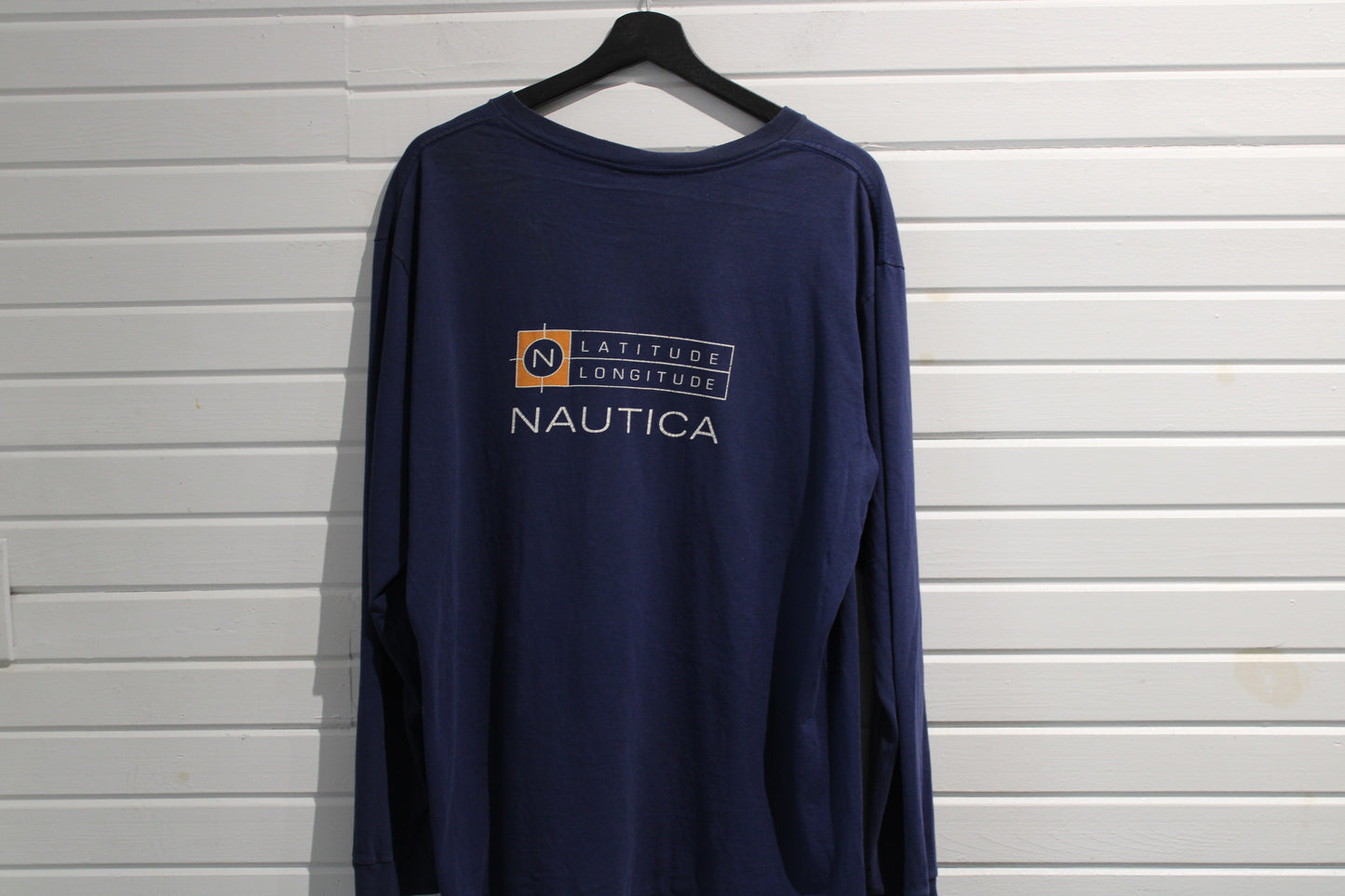 Nautica Long Sleeve Shirt | Vintage Nautica Latitude-Longitude Graphic Tee | Classic Navy Blue Casual Top