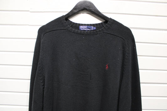 Vintage Polo-Ralph-Lauren Crewneck Sweater | Classic Black Knit Long Sleeve | Embroidered Logo Pull | Size Large