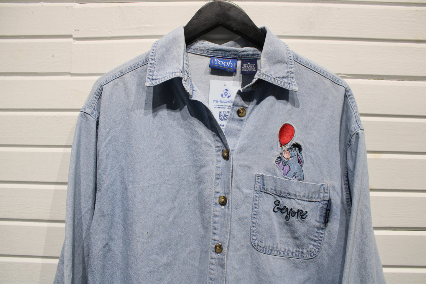 Pooh Eeyore Denim Button-Up Shirt | Vintage 1990s Cartoon Embroidered Long Sleeve Shirt | Classic Character Casual Wear