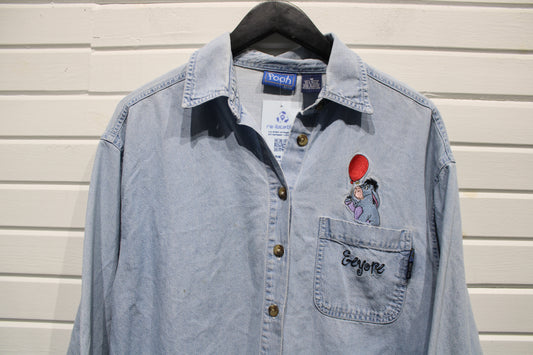 Pooh Eeyore Denim Button-Up Shirt | Vintage 1990s Cartoon Embroidered Long Sleeve Shirt | Classic Character Casual Wear