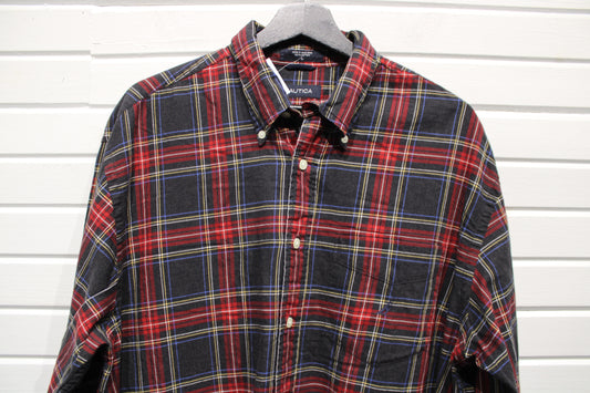 Nautica Plaid Button-Up Shirt | Vintage 1990s Classic Checkered Flannel | Men's Casual Wear