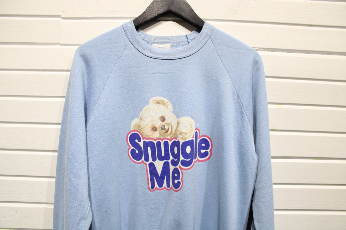 Snuggle-Me Bear Sweatshirt | Vintage 1980s Graphic Pullover Crewneck | Soft Blue Cozy Loungewear