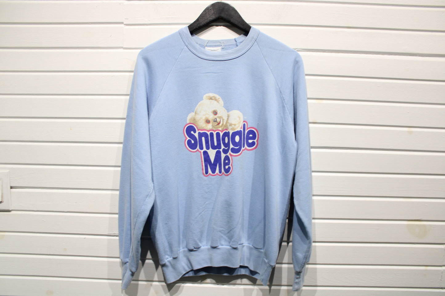 Snuggle-Me Bear Sweatshirt | Vintage 1980s Graphic Pullover Crewneck | Soft Blue Cozy Loungewear