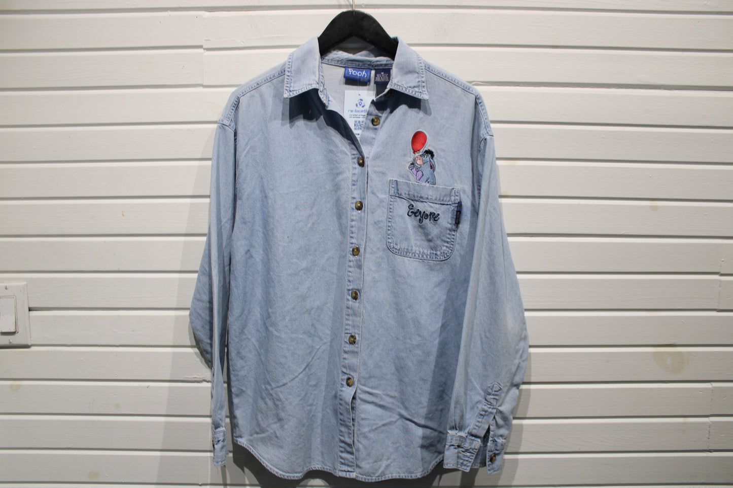 Pooh Eeyore Denim Button-Up Shirt | Vintage 1990s Cartoon Embroidered Long Sleeve Shirt | Classic Character Casual Wear